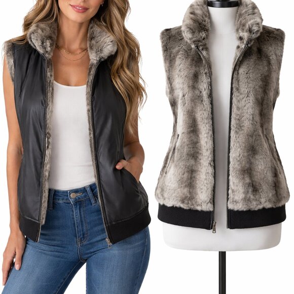 Braetan Jackets & Blazers - Braetan Reversible Faux Fur Vest Sz M Taupe / Black Zip Front